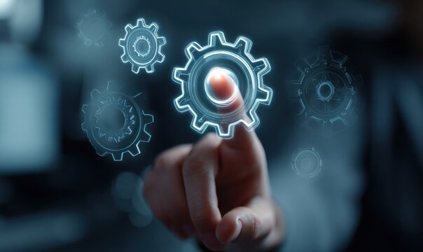 A person's finger interacting with a glowing, digitized cogwheel system in a dark environment - Powered by Adobe