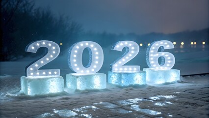 Giant illuminated numbers spelling out the year 2026 displayed on ice blocks in a wintery outdoor setting at night