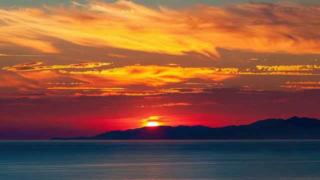 Video Sunset scene over calm ocean waters with mountains in the background, suitable for travel, nature, or adventure imagery
