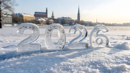 Crystal clear ice sculpture numbers of the year 2026 glistening in the bright winter sun on a snowy landscape with city buildings in the background