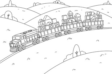 Toy Train Carrying Alphabet Building Blocks Through Hills - Learning Journey Outline