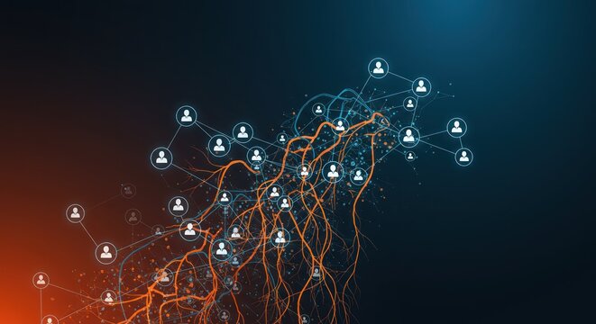 Network connections with root system, people, digital, abstract