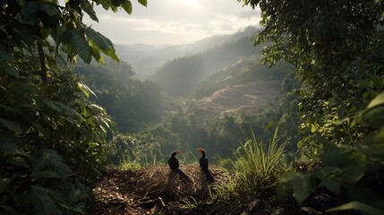 Birds in tropical rainforest jungle landscape scenic view of mountain range travel destination nature photography