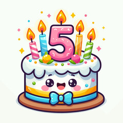 A cute cartoon birthday cake with a large pink number five candle and four other lit colorful candles, adorned with sprinkles and a happy face.