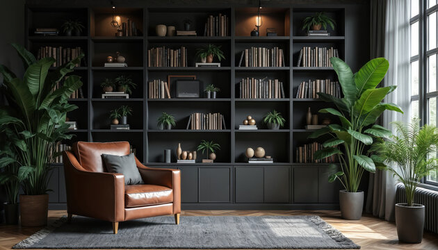 Elegant living room dark built-in bookcase filled with books, plants, decor. Brown leather armchair on grey rug. Bright window light illuminates corner. Modern interior design, cozy, quiet space for