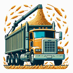 A detailed illustration of a truck being loaded with harvested wheat, showcasing agricultural processes.
