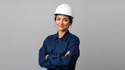 A woman in a blue uniform and white hardhat smiles confidently She stands with arms crossed against a simple light gray backdrop radiating professionalism