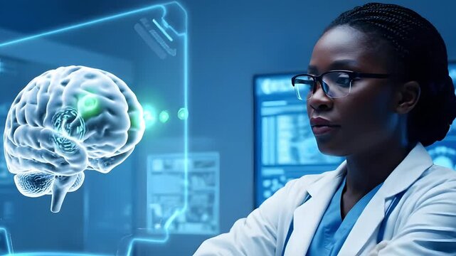 Female doctor analyzing a 3D holographic brain scan using futuristic AI technology in a laboratory