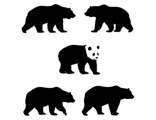 Set of isolated wild bear silhouettes including a giant panda icon among other black bear vectors