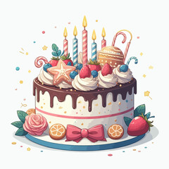 A whimsical birthday cake with candles, frosting, and various sweet decorations on a white background.