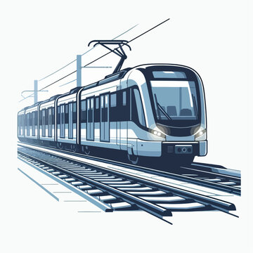 Illustration of a modern light rail train traveling along the tracks, showing its sleek design.