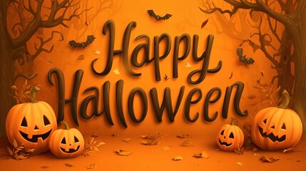 Happy Halloween Background with Pumpkins, Bats, and Autumn Leaves for Seasonal Decor and Festive Designs