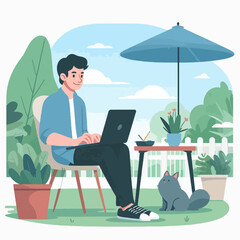 A smiling man enjoys working from home on his laptop in a sunny garden, accompanied by his pet cat.