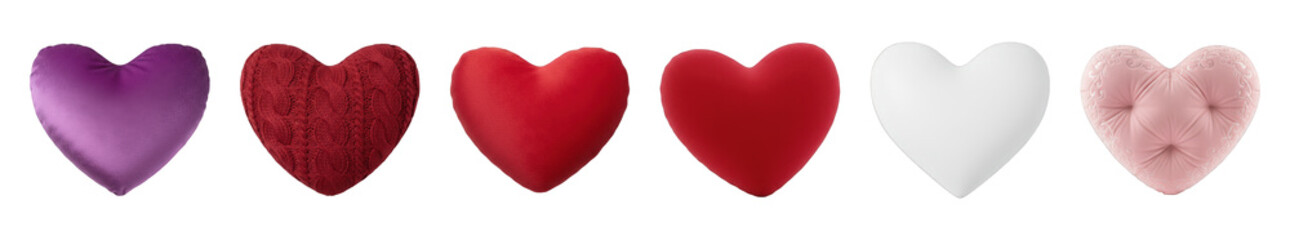 Fototapeta premium Decorative heart set including purple satin, red knit, red smooth, white matte, and pink tufted hearts isolated. Love and Valentine's Day collection.
