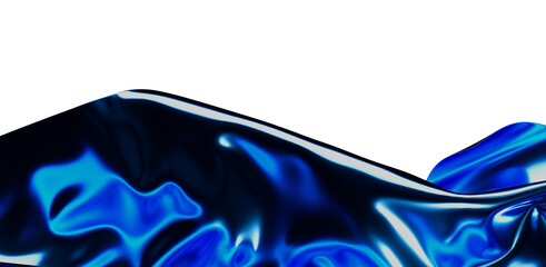 Abstract 3D render of blue liquid shape, wave texture with glossy reflections on white background. Perfect for concept design, modern art, and c