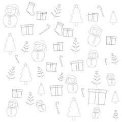 Christmas Icons Seamless Pattern – Snowman, Gift, Tree, and Candy Cane Outline