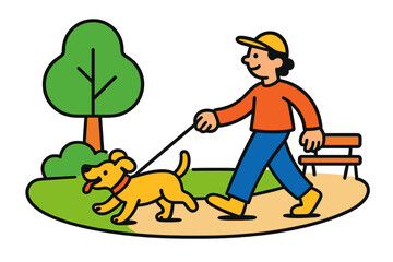 Happy person walking dog on leash through sunny park landscape