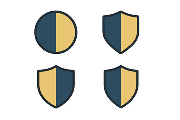 Four shield and circular badge icons vertically divided in blue and gold colors