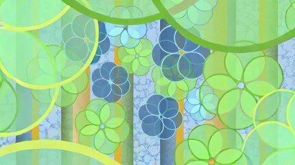 AI-generated animated illustration featuring colorful geometric flowers on a patterned background, in blue, green, yellow and orange - Powered by Adobe