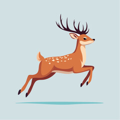 Obraz premium A cartoon deer with large antlers and white spots runs across a light blue background.