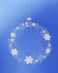 Christmas blue background of white snowflakes flying in the air in the shape of a ball on a Christmas tree. Holiday card for New Year and Christmas with space for greetings, labels and your design.