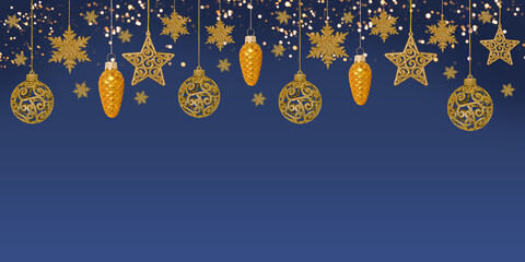 Christmas blue background with Christmas tree decorations with a golden snowflake, star and cone and golden lights with copy space. New Year and Christmas card.