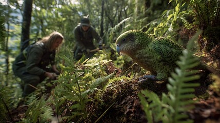 Kākāpō parrot in new zealand forest conservation efforts with researchers protecting endangered species