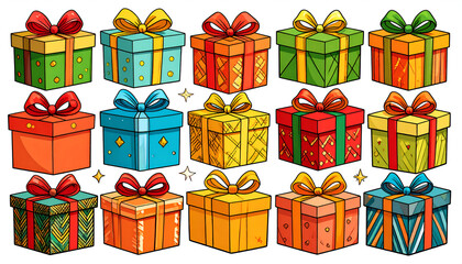 Colorful Hand Drawn Gift Box Collection Isolated on White Background.