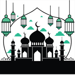 Ramadan Mosque Silhouette with Lanterns and Clouds,Ramadan Mosque Silhouette with Lanterns and Clouds,Eid Mubarak Islamic Vector Design,,Ramadan and Eid Mubarak Background,