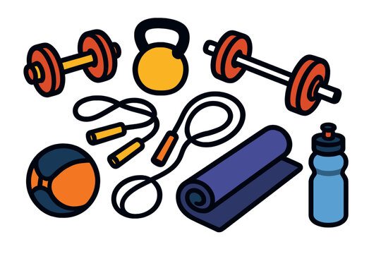 Colorful fitness equipment icons for workout and training sessions