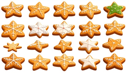 Star-shaped gingerbread cookies with icing in various designs and colors.