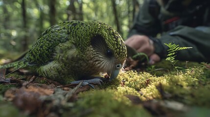Kakapo parrot foraging in new zealand forest ground conservation wildlife endangered species bird nature photography