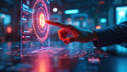 Person interacts with advanced tech interface. Augmented reality screen displays data. Innovative technology shows modern digital solution, new opportunities. Futuristic hologram screen presents