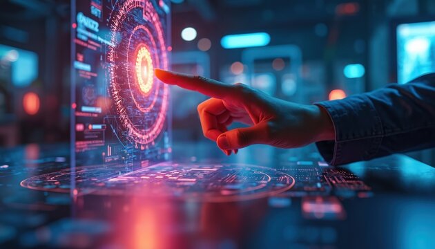 Person interacts with advanced tech interface. Augmented reality screen displays data. Innovative technology shows modern digital solution, new opportunities. Futuristic hologram screen presents