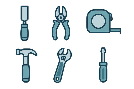 Six essential carpentry and plumbing hand tools icons for design projects