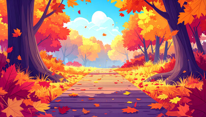 Vibrant Autumn Forest Path with Falling Leaves and Colorful Trees.