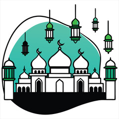 Ramadan Mosque with Hanging Lanterns,Islamic Eid Mubarak Vector Illustration,Ramadan and Eid Mubarak Background,Ramadan and Eid Mubarak Background