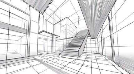 Wireframe interior design sketch with stairs shows perspective for architecture layout use