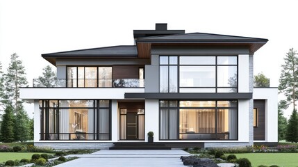 Modern house with large windows, on a lawn, trees in the back for real estate use