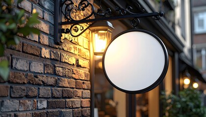 Mockup of a circular blank signboard on a brick wall at night, illuminated by an ornate lantern
