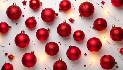 Festive Red Christmas Ornaments on White Surface.