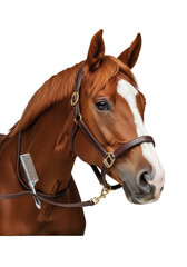 Obraz premium Majestic adult bay horse head and neck profile, reddish-brown coat, white blaze, dark leather halter, silver comb on transparent studio background, high-end equestrian product photography concept