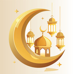 Golden Crescent Moon with Mosque and Hanging Lanterns,Luxury Islamic Eid and Ramadan Design,Ramadan and Eid Mubarak Background