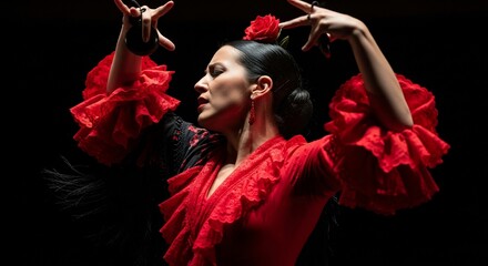 Passionate flamenco dancer in vibrant red dress performing with grace and elegance. Flamenco dancer showcases traditional movement with expressive hands and emotive expressions.
