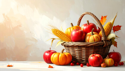 Autumn Harvest Basket with Apples, Pumpkins, and Corn on a Rustic Background.