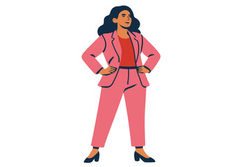 Confident businesswoman standing with hands on hips in modern pink suit