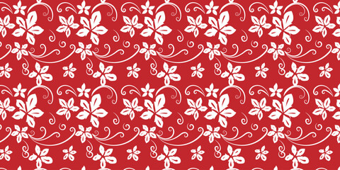 Elegant and Decorative Red Floral Pattern with Repeating White Flower and Swirl Design, Perfect for Backgrounds