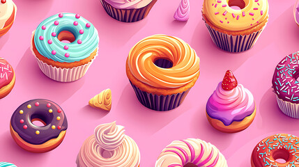 A row of donuts with frosting and sprinkles