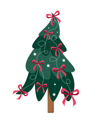 Vector Christmas tree decorated with pink bows, ribbon, snowflakes. Cute minimalist design for greeting cards, packaging, winter textile prints, wrapping paper, holiday invitations.