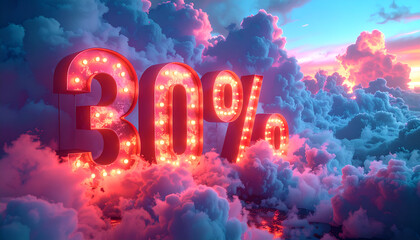 Vibrant 30 Discount Sign Illuminated in Dreamy Cloudscape.